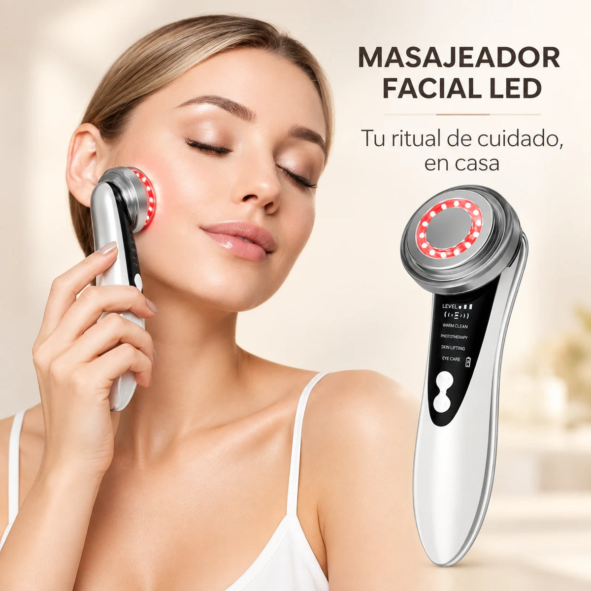 Masajeador facial LED con fotones para rutina de cuidado en casa