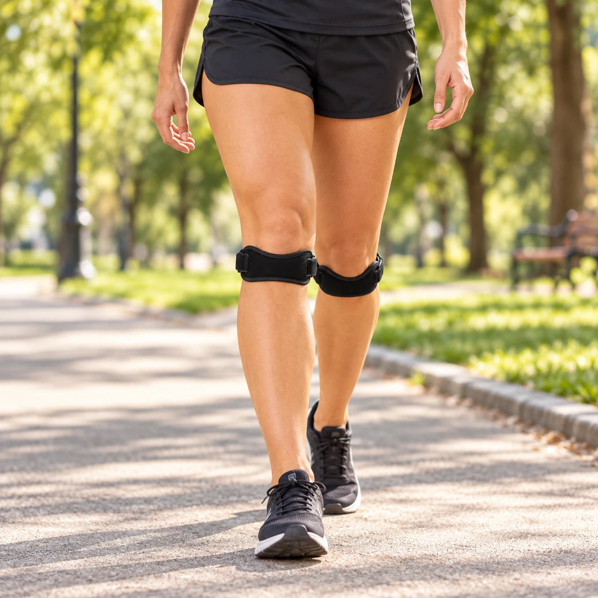 Mujer caminando con dos correas rotulianas debajo de las rodillas