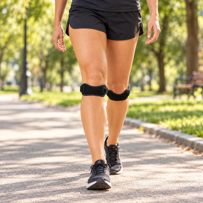 Mujer caminando con dos correas rotulianas debajo de las rodillas