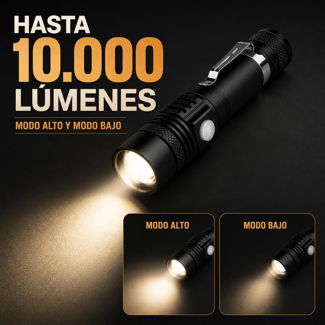 Linterna de hasta 10000 lúmenes con modo alto y bajo