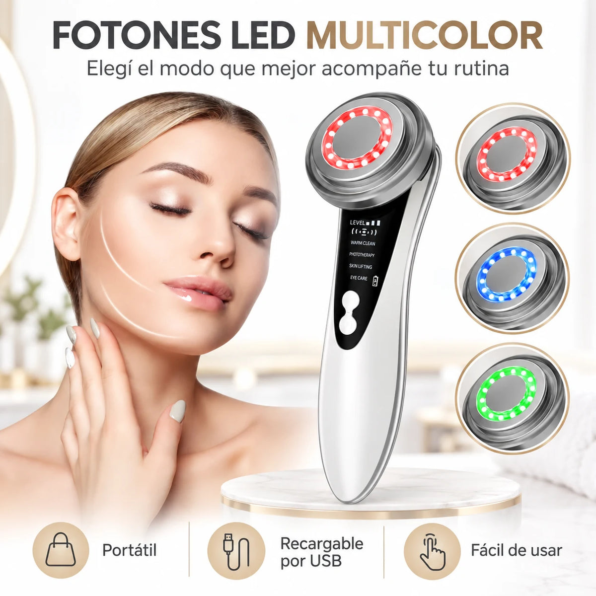 Masajeador facial con fotones LED multicolor y carga USB