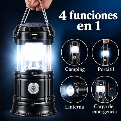 Farol LED solar negro con cuatro usos: camping, portátil, linterna y carga de emergencia para celular