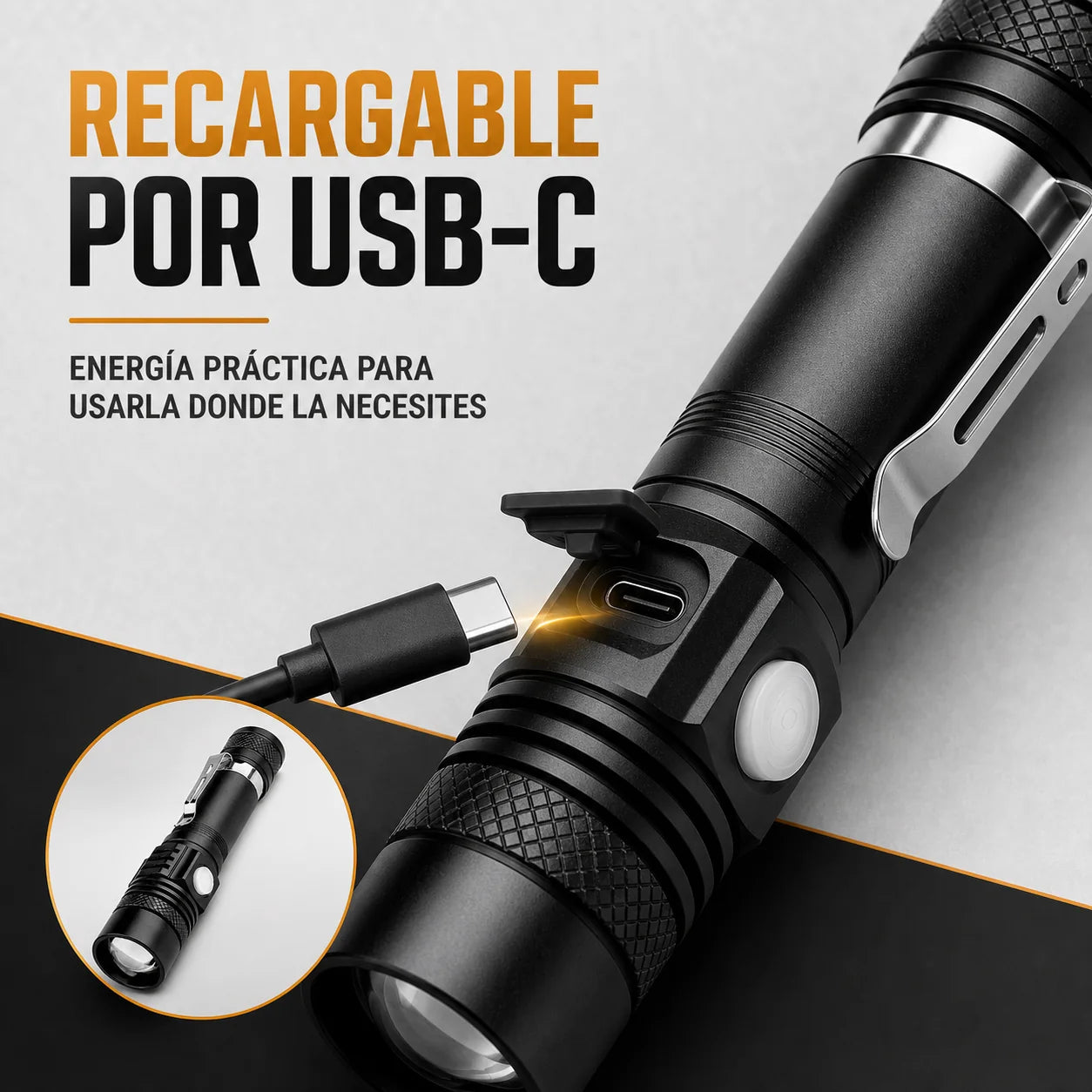 Detalle del puerto de carga USB-C de la linterna