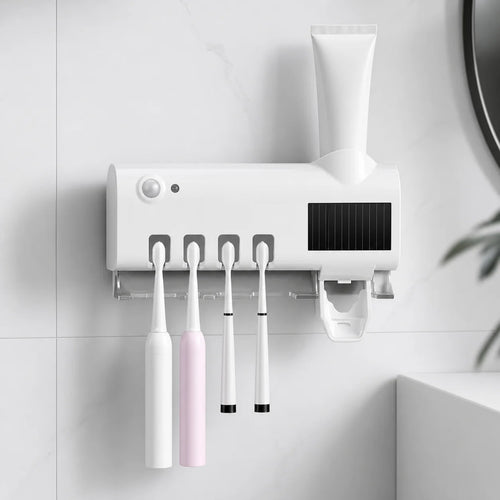 Porta cepillos blanco con dispensador de pasta luz UV y espacio para cuatro cepillos