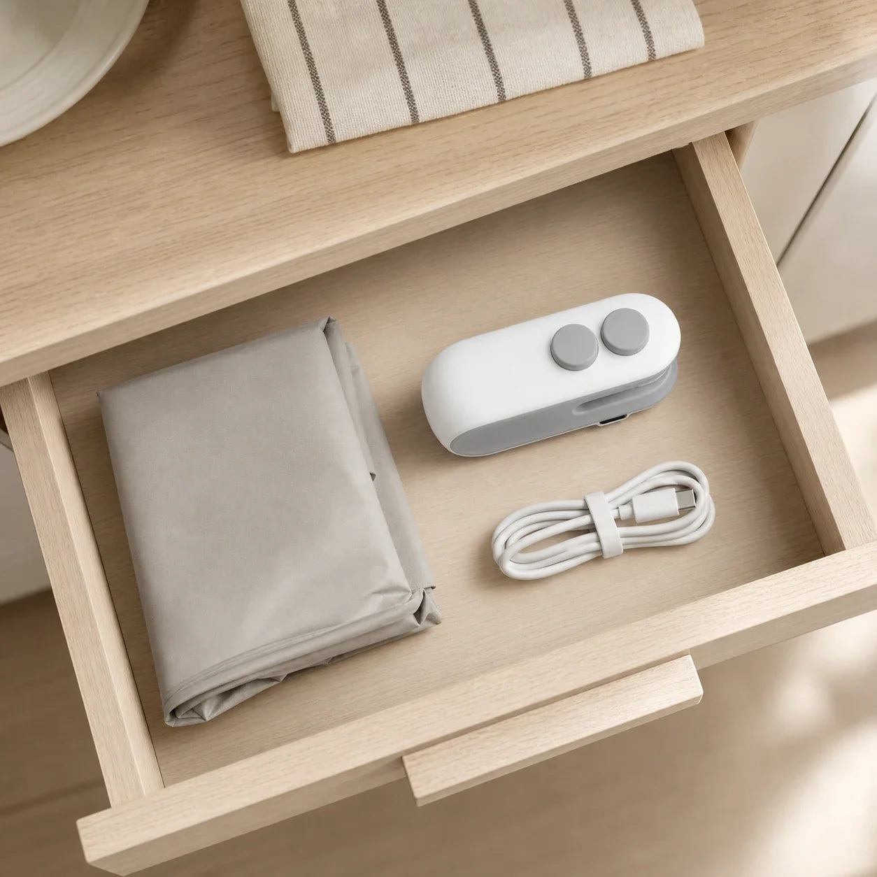 Selladora mini compacta guardada en un cajón de cocina