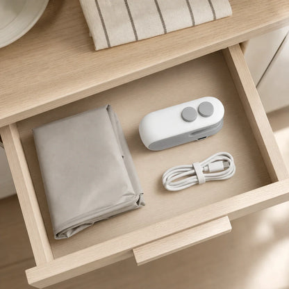 Selladora mini compacta guardada en un cajón de cocina